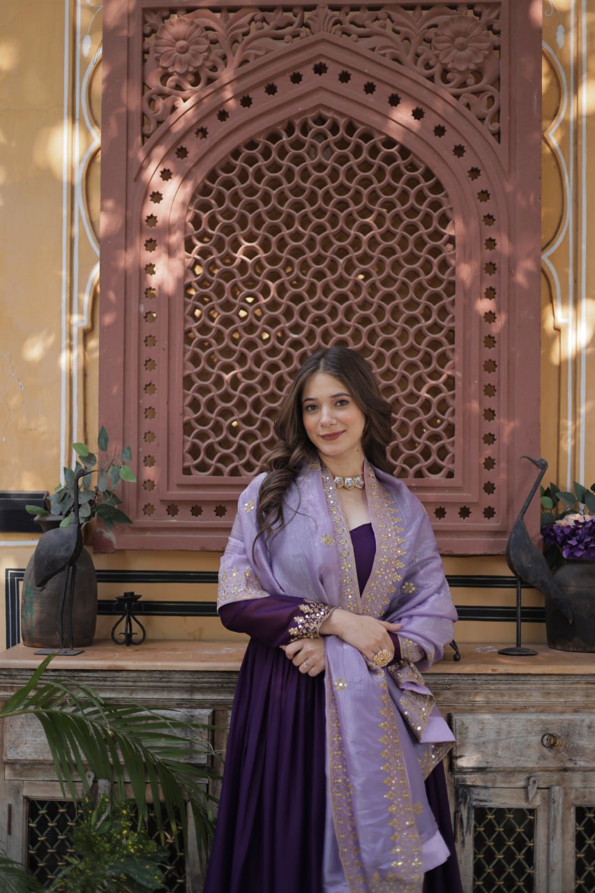 Purple Embroidery Zari Sequins Fancy Neck Work Gown