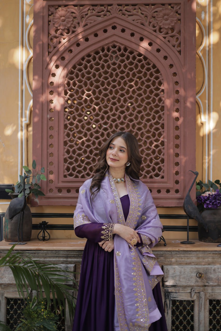 Purple Embroidery Zari Sequins Fancy Neck Work Gown