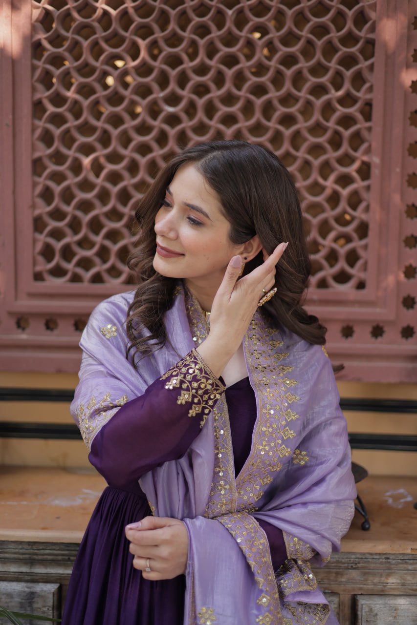 Purple Embroidery Zari Sequins Fancy Neck Work Gown