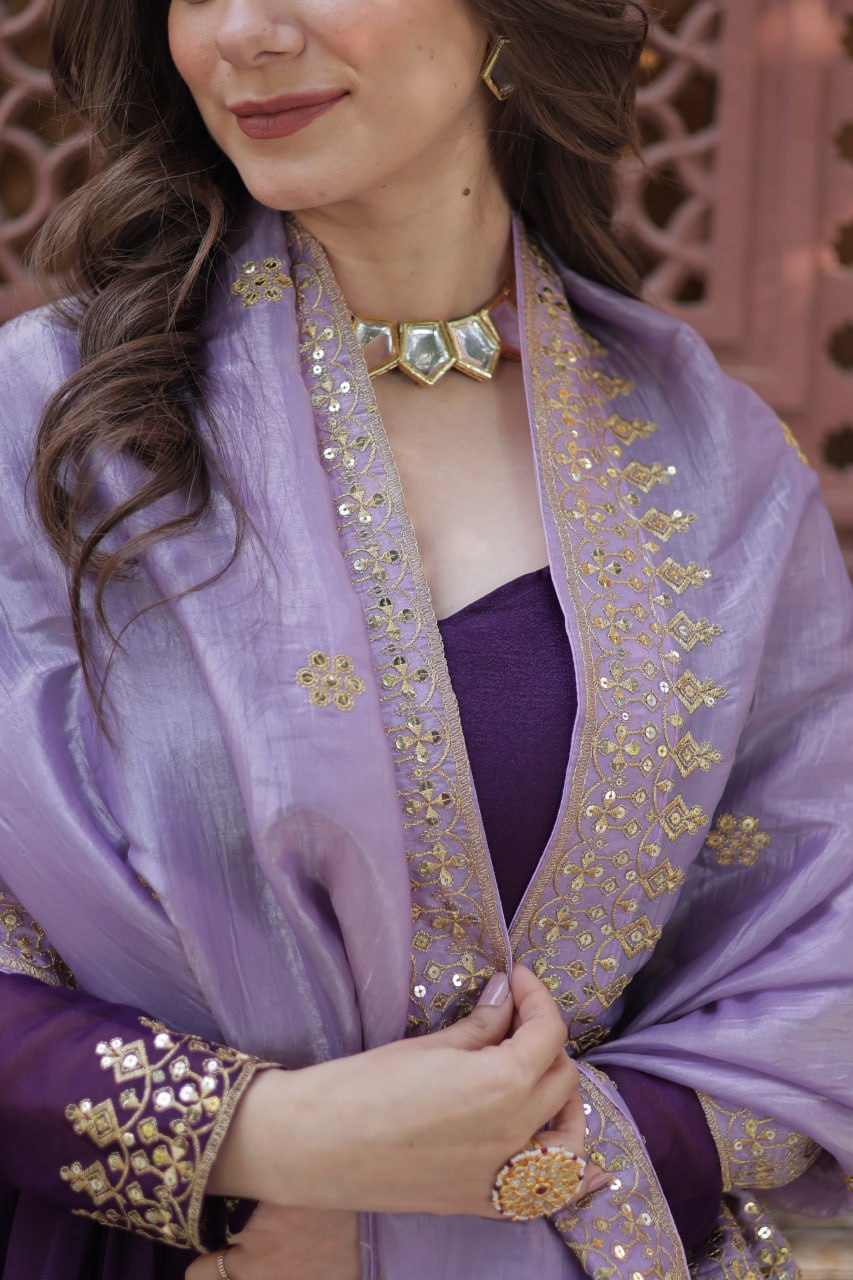 Purple Embroidery Zari Sequins Fancy Neck Work Gown