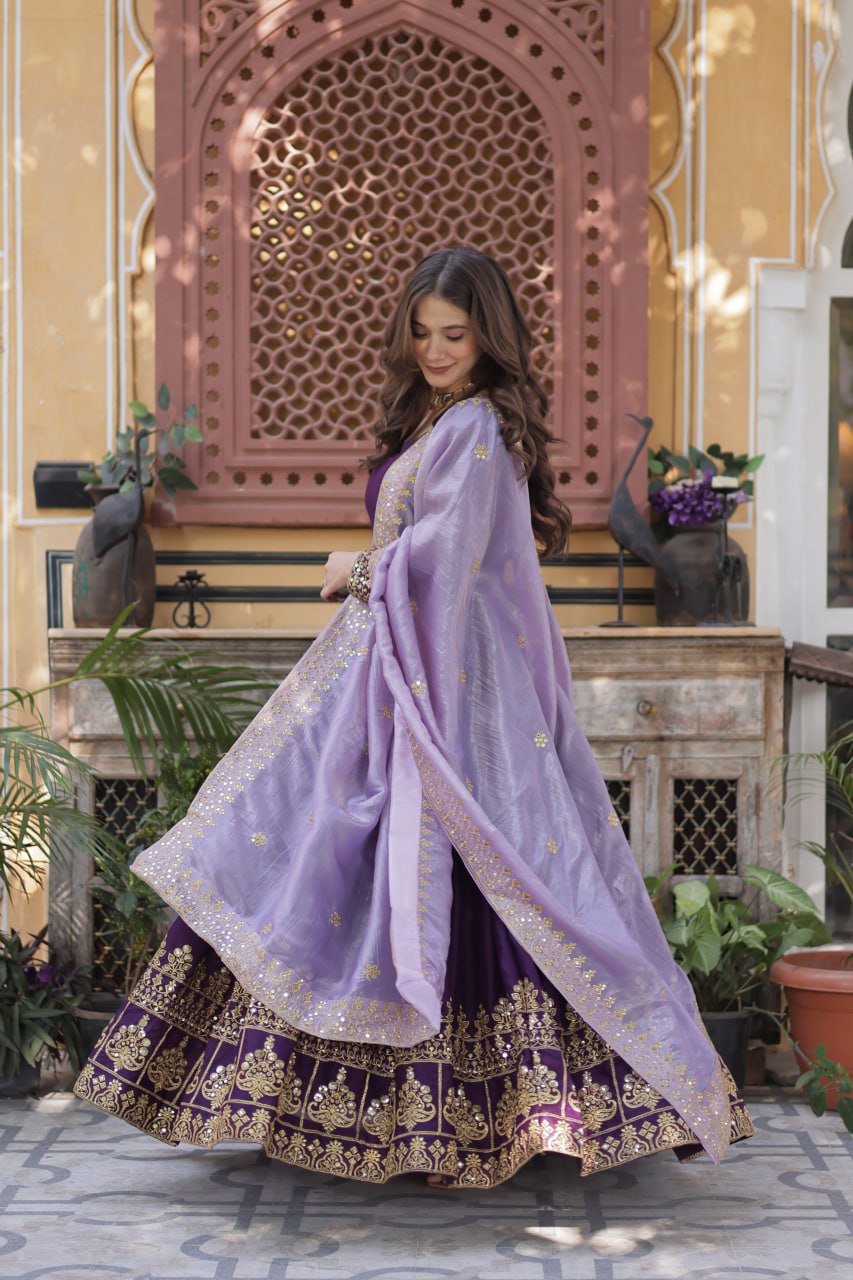 Purple Embroidery Zari Sequins Fancy Neck Work Gown