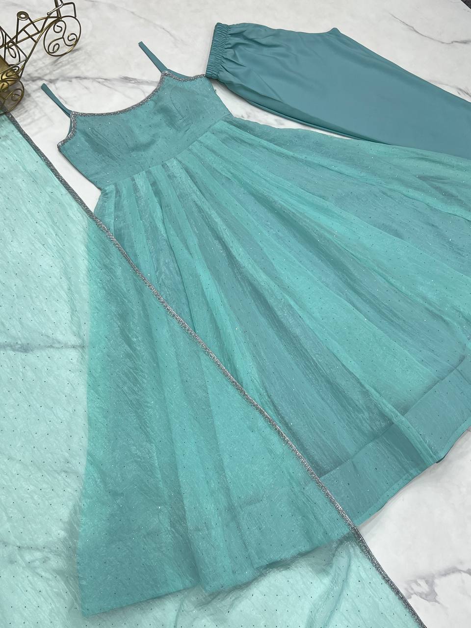 Lagoon Color Crunchy Silk Fabric With Siroski Work Salwar Suit