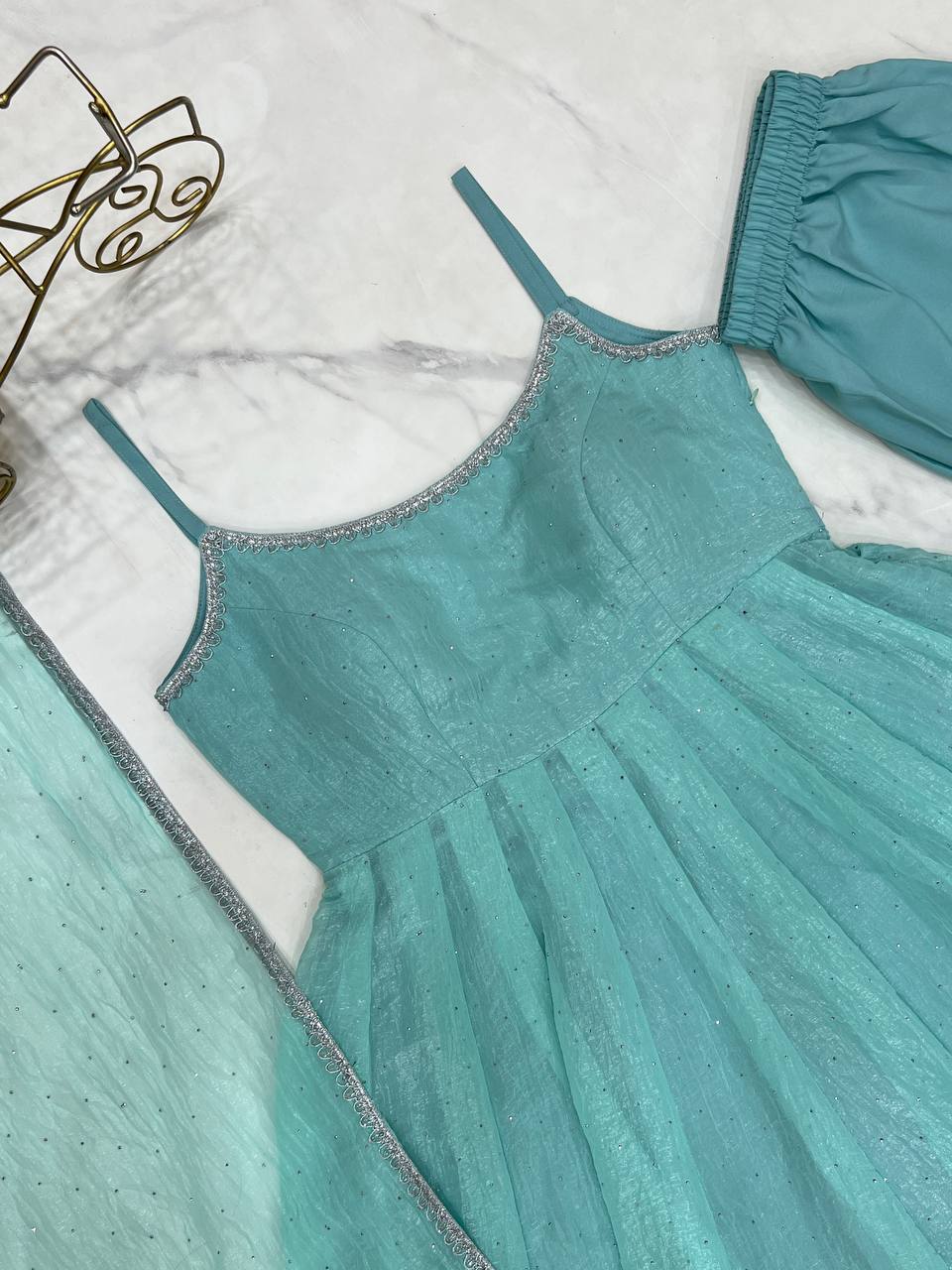 Lagoon Color Crunchy Silk Fabric With Siroski Work Salwar Suit