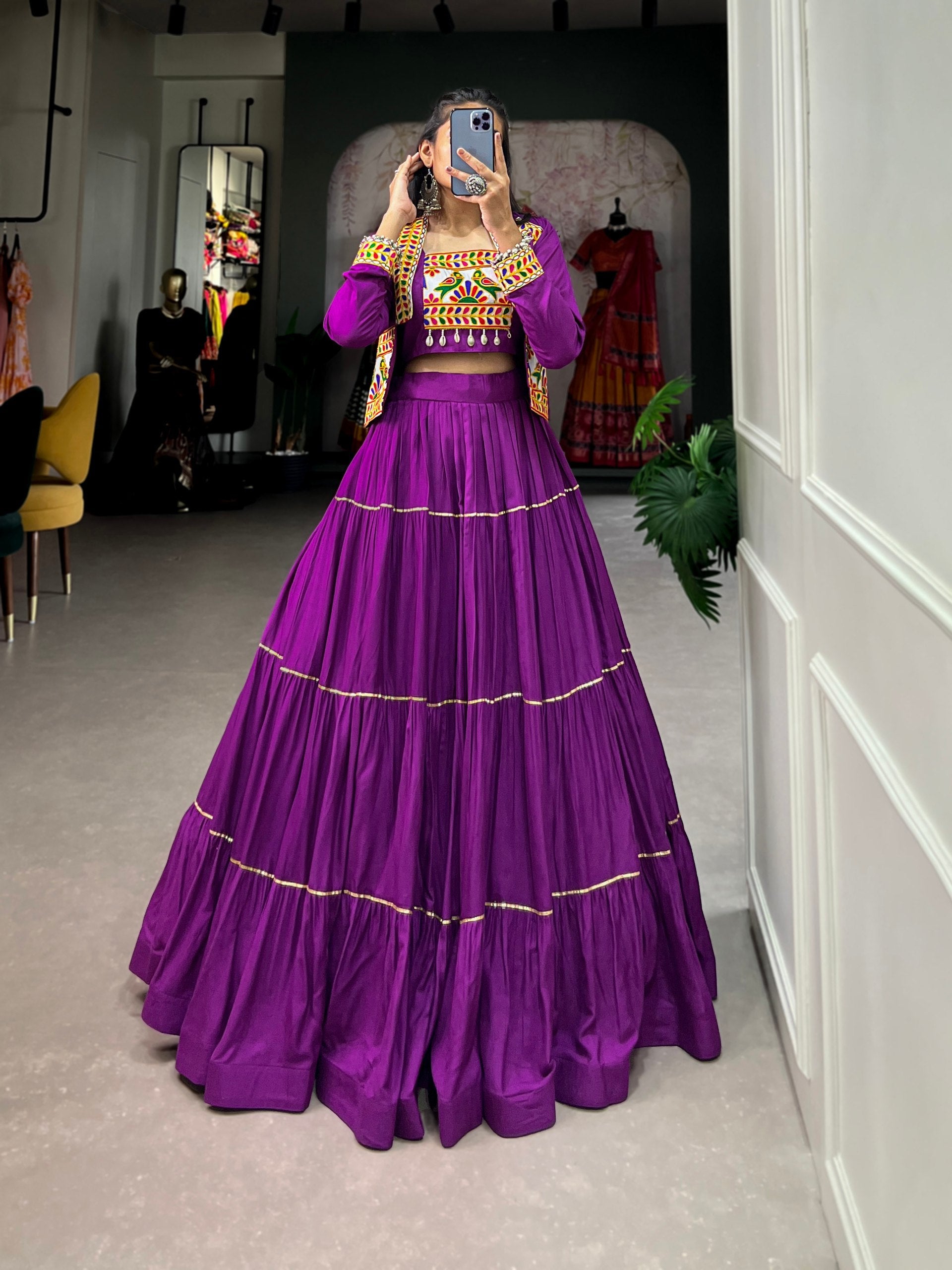 Purple Pure Rayon Plain And Gamthi With Kodi Work Navaratri Lehenga Choli