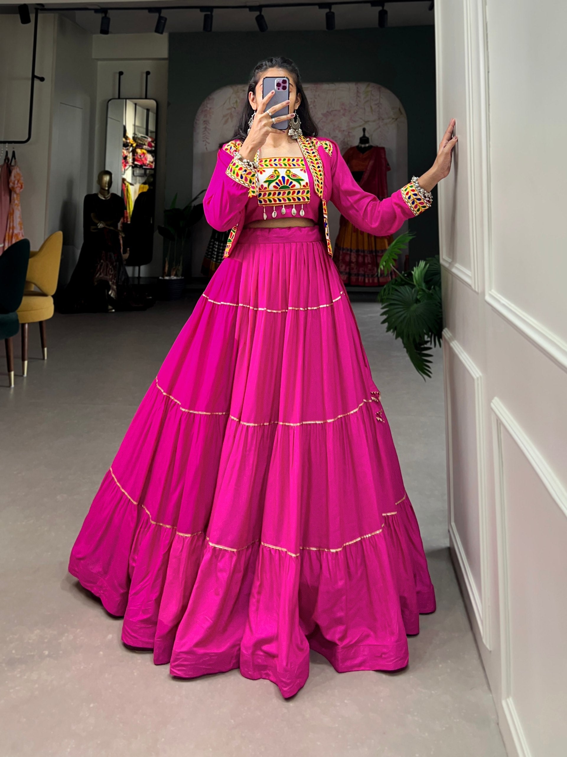 Pink Pure Rayon Plain And Gamthi With Kodi Work Navaratri Lehenga Choli