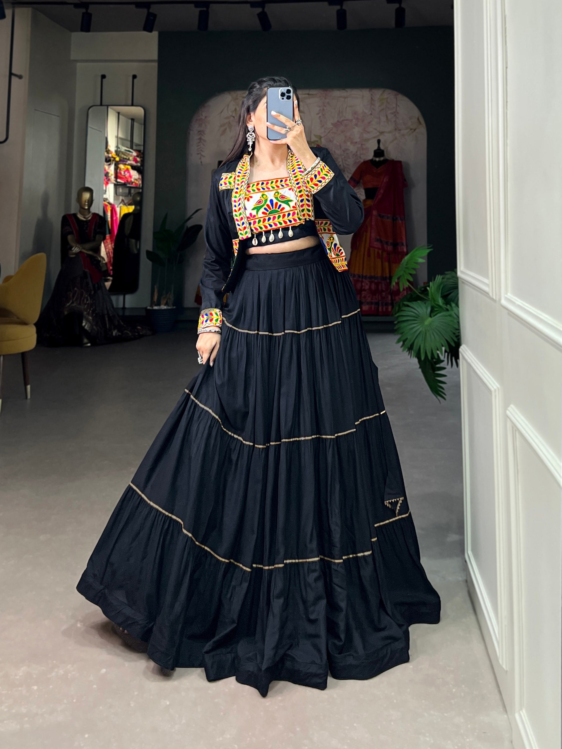 Black Pure Rayon Plain And Gamthi With Kodi Work Navaratri Lehenga Choli