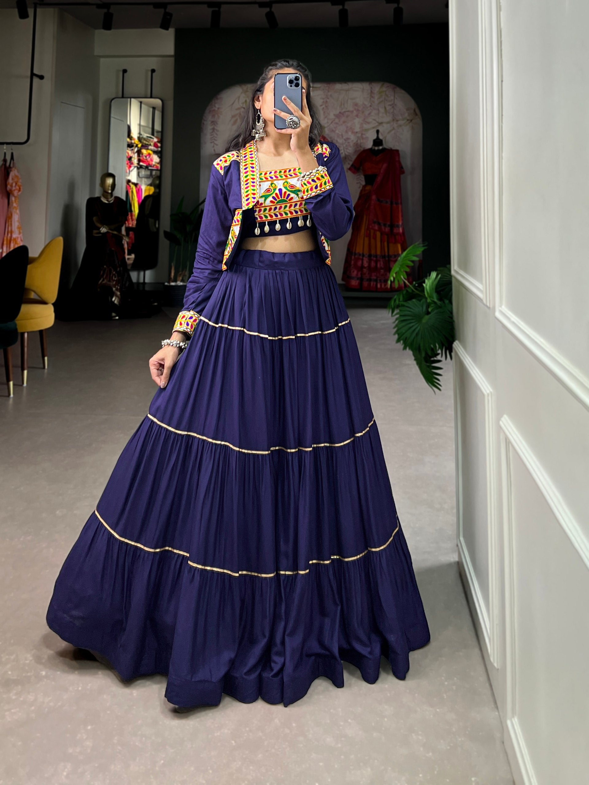 Navy Blue Pure Rayon Plain And Gamthi With Kodi Work Navaratri Lehenga Choli