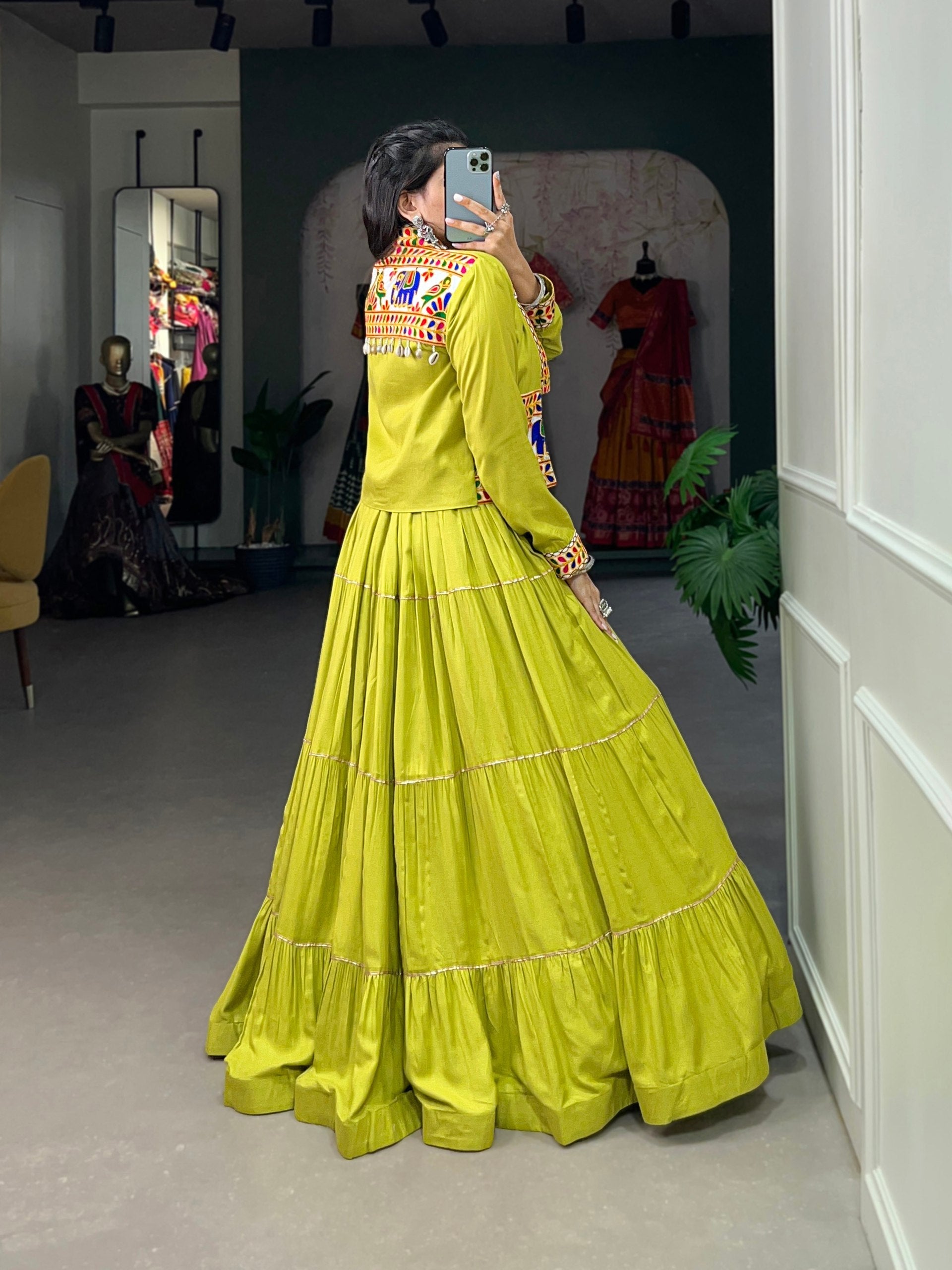Parrot Pure Rayon Plain And Gamthi With Kodi Work Navaratri Lehenga Choli
