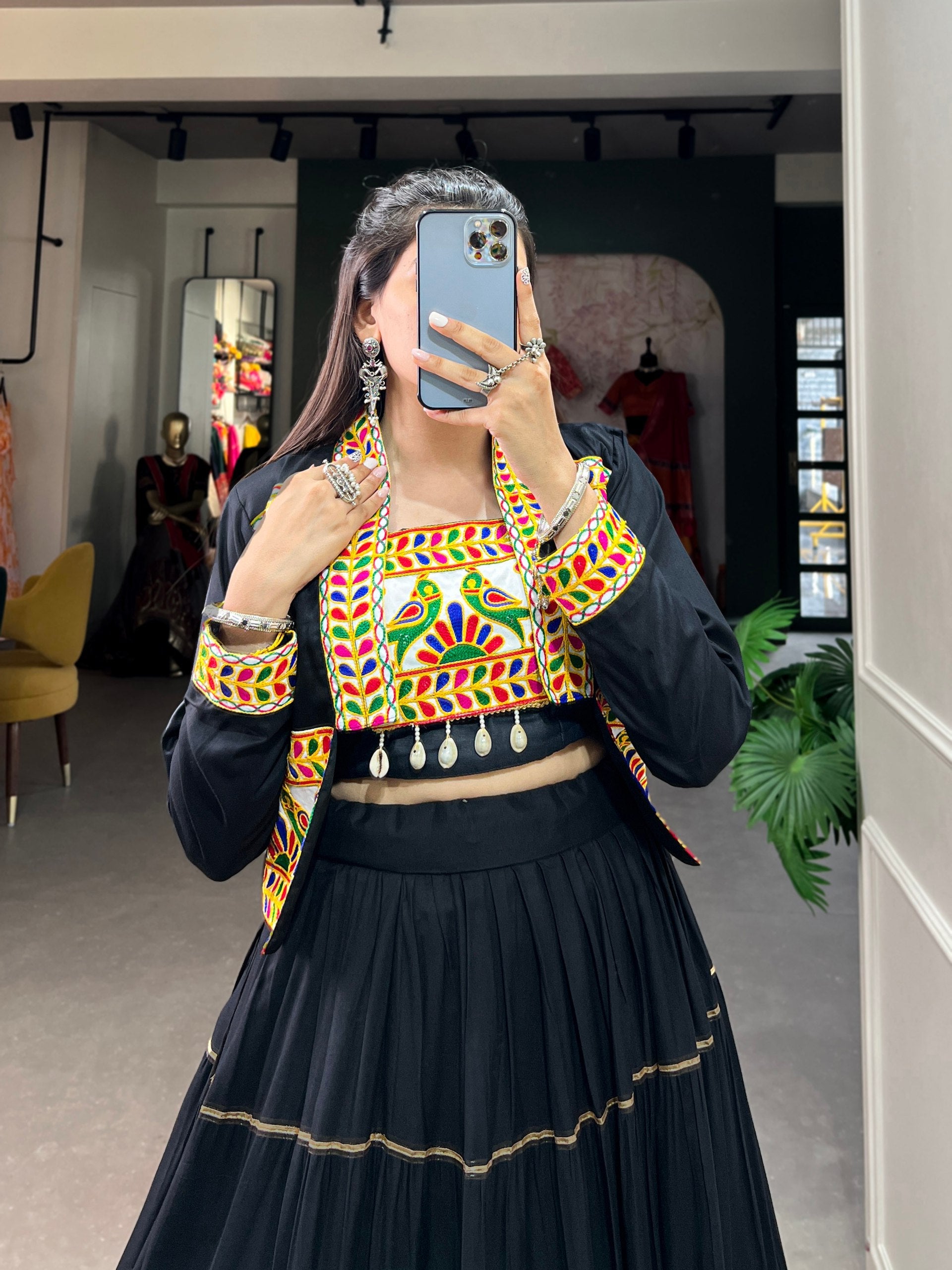 Black Pure Rayon Plain And Gamthi With Kodi Work Navaratri Lehenga Choli