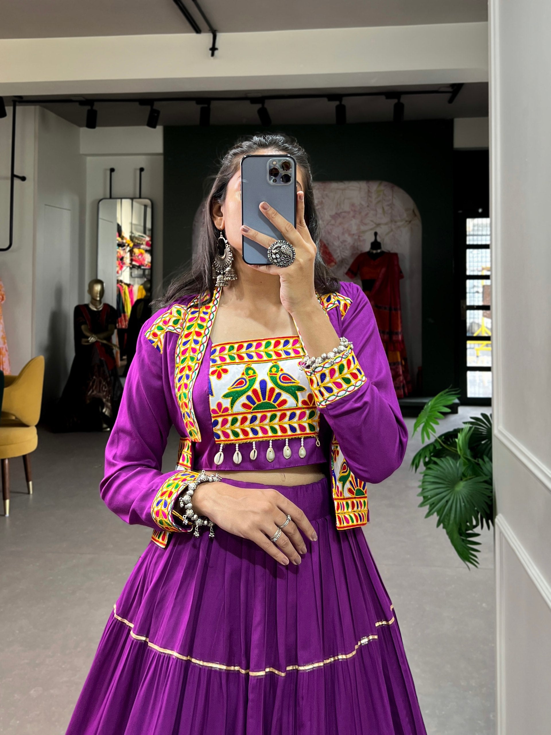 Purple Pure Rayon Plain And Gamthi With Kodi Work Navaratri Lehenga Choli