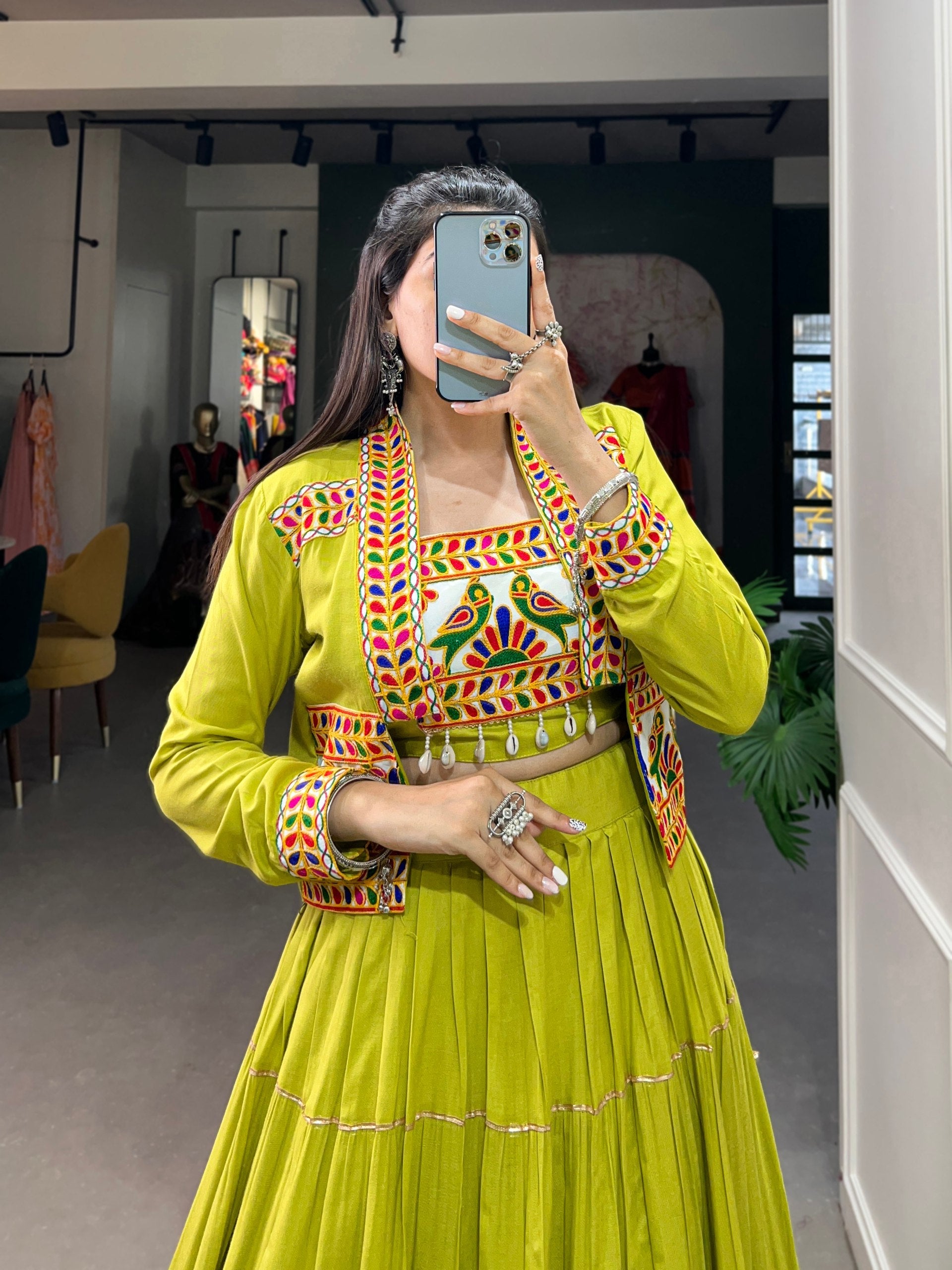 Parrot Pure Rayon Plain And Gamthi With Kodi Work Navaratri Lehenga Choli