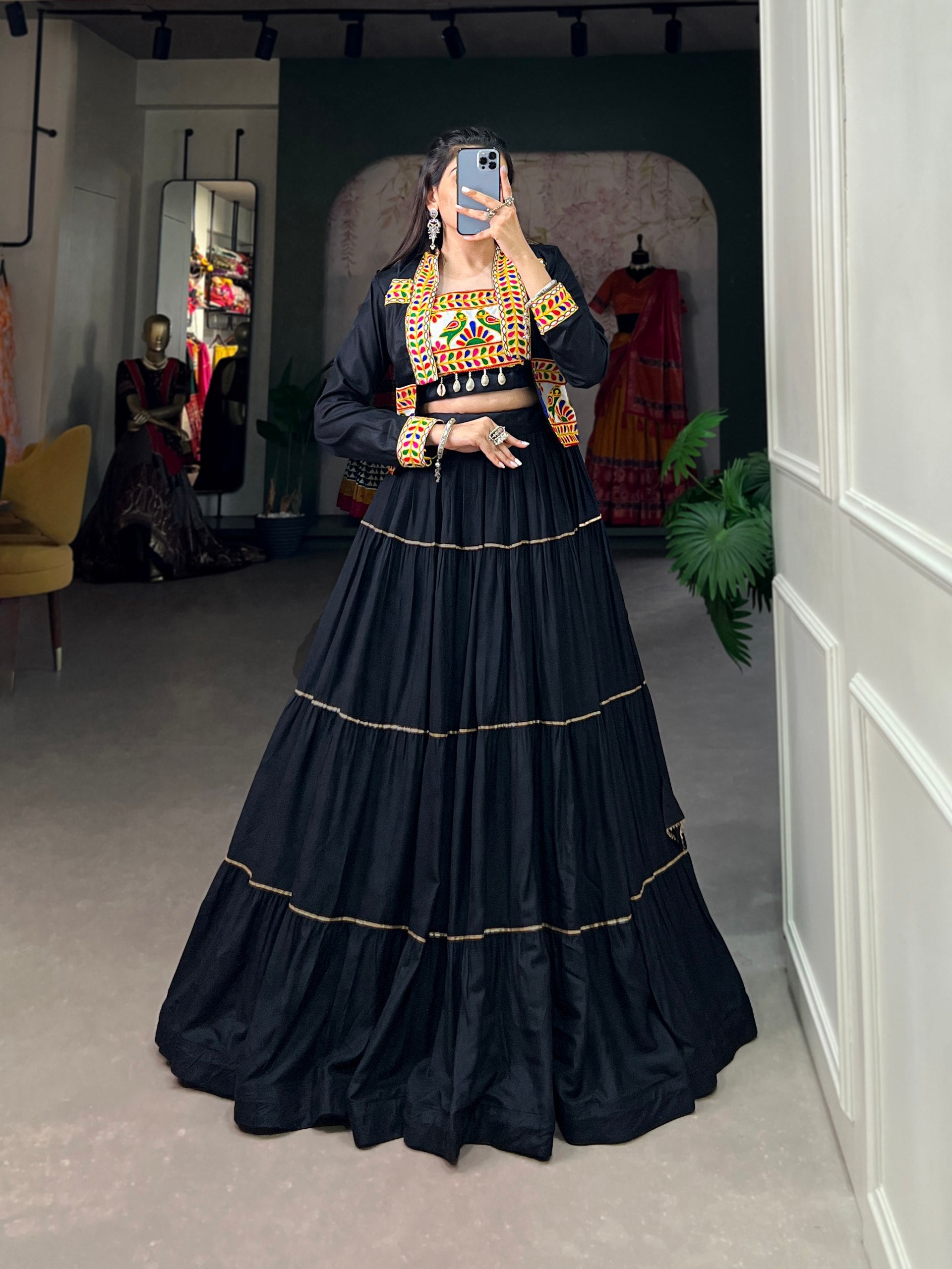 Black Pure Rayon Plain And Gamthi With Kodi Work Navaratri Lehenga Choli