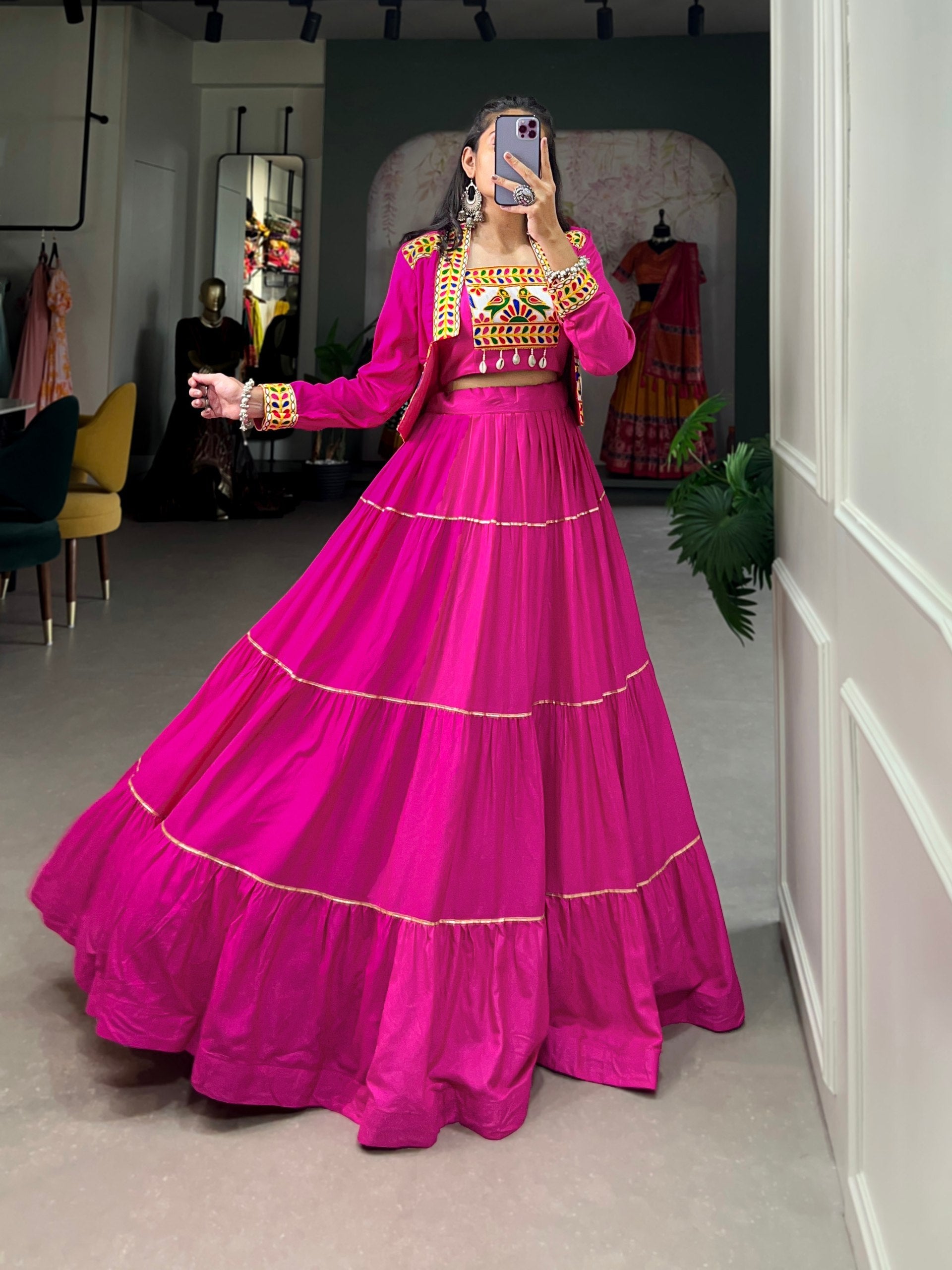 Pink Pure Rayon Plain And Gamthi With Kodi Work Navaratri Lehenga Choli