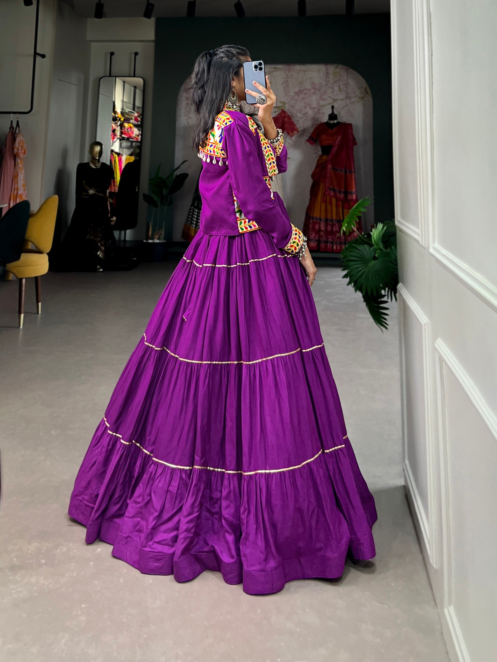 Purple Pure Rayon Plain And Gamthi With Kodi Work Navaratri Lehenga Choli