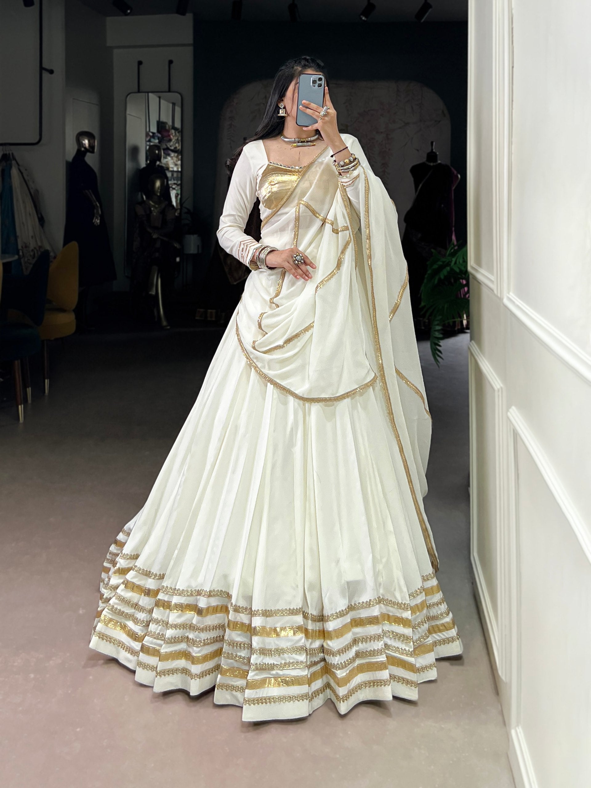 White Pure Rayon Original Mirror With Gotta Patti Work Navaratri Lehenga Choli