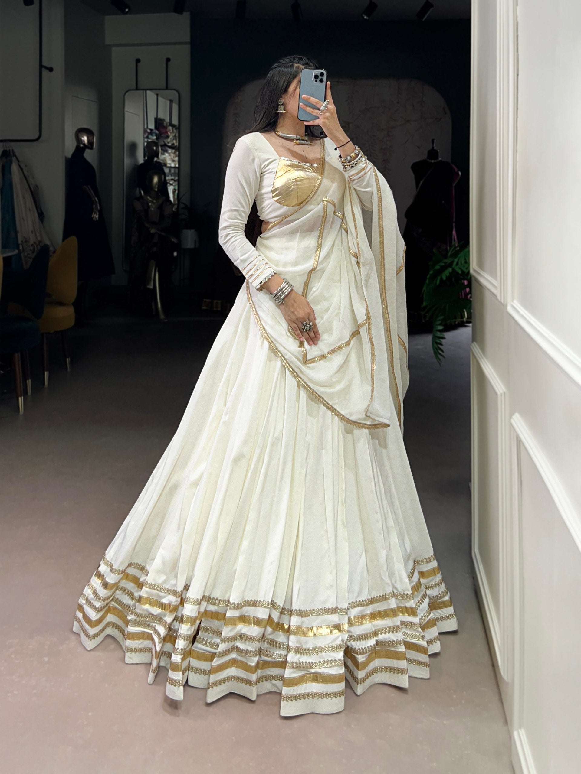 White Pure Rayon Original Mirror With Gotta Patti Work Navaratri Lehenga Choli