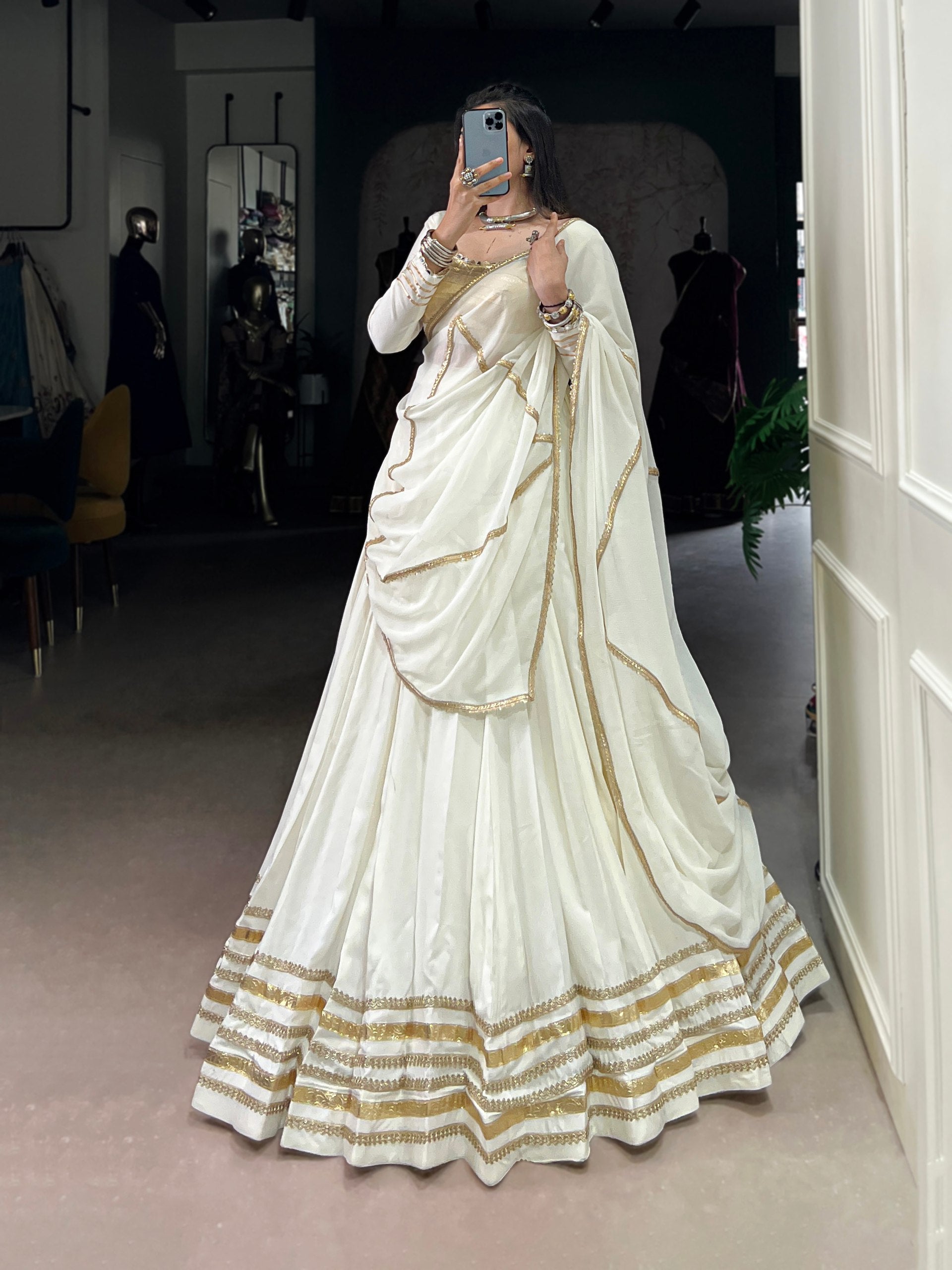 White Pure Rayon Original Mirror With Gotta Patti Work Navaratri Lehenga Choli