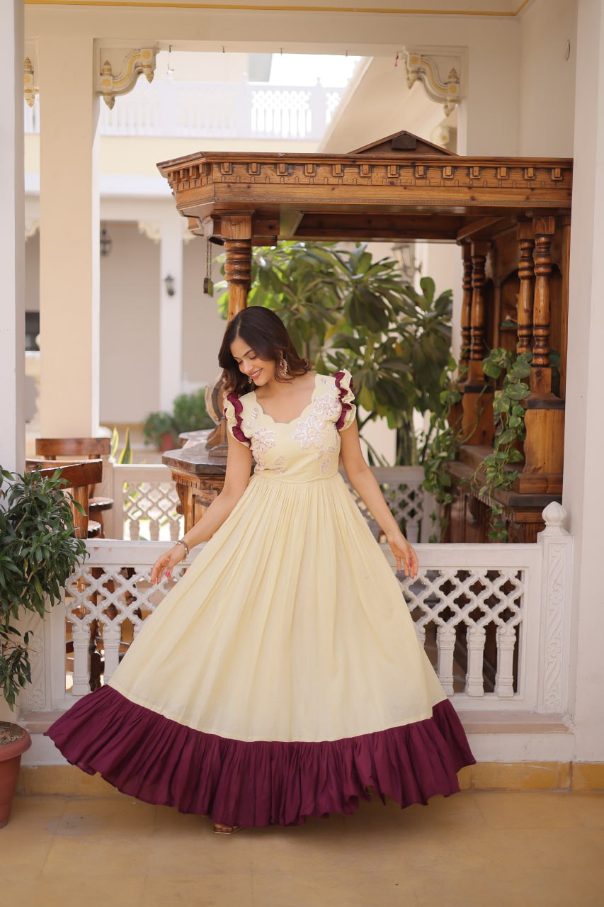 Cream Cotton With Sequins Multithreaded Beads Embroidered Work Gown