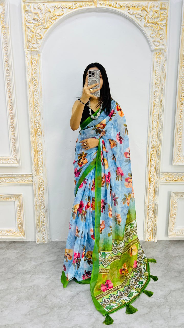 Sky Blue And Perrot Border Premium Lilan Cotton Saree