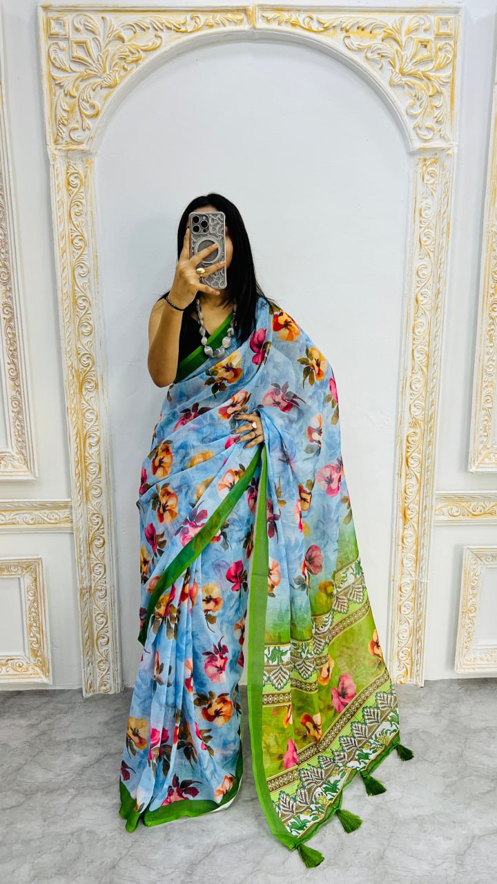 Sky Blue And Perrot Border Premium Lilan Cotton Saree