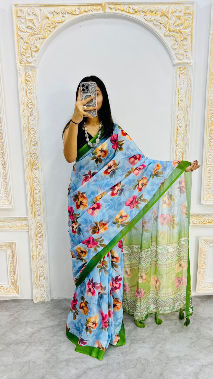 Sky Blue And Perrot Border Premium Lilan Cotton Saree