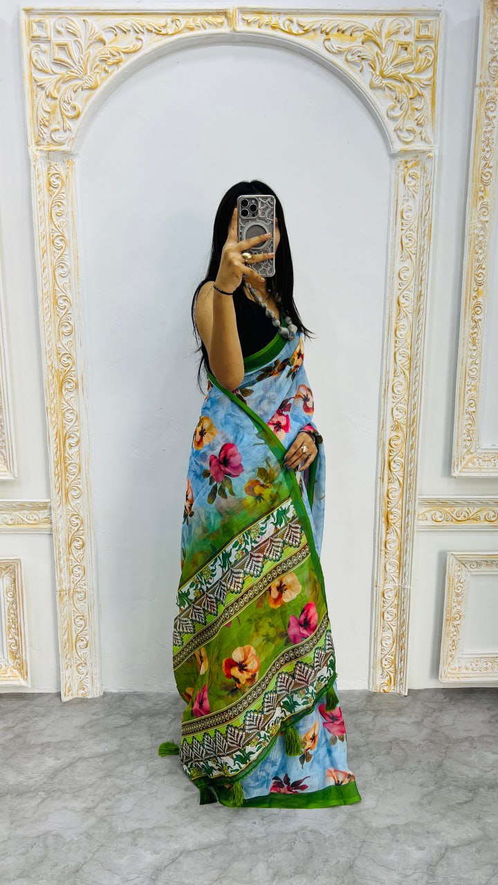 Sky Blue And Perrot Border Premium Lilan Cotton Saree