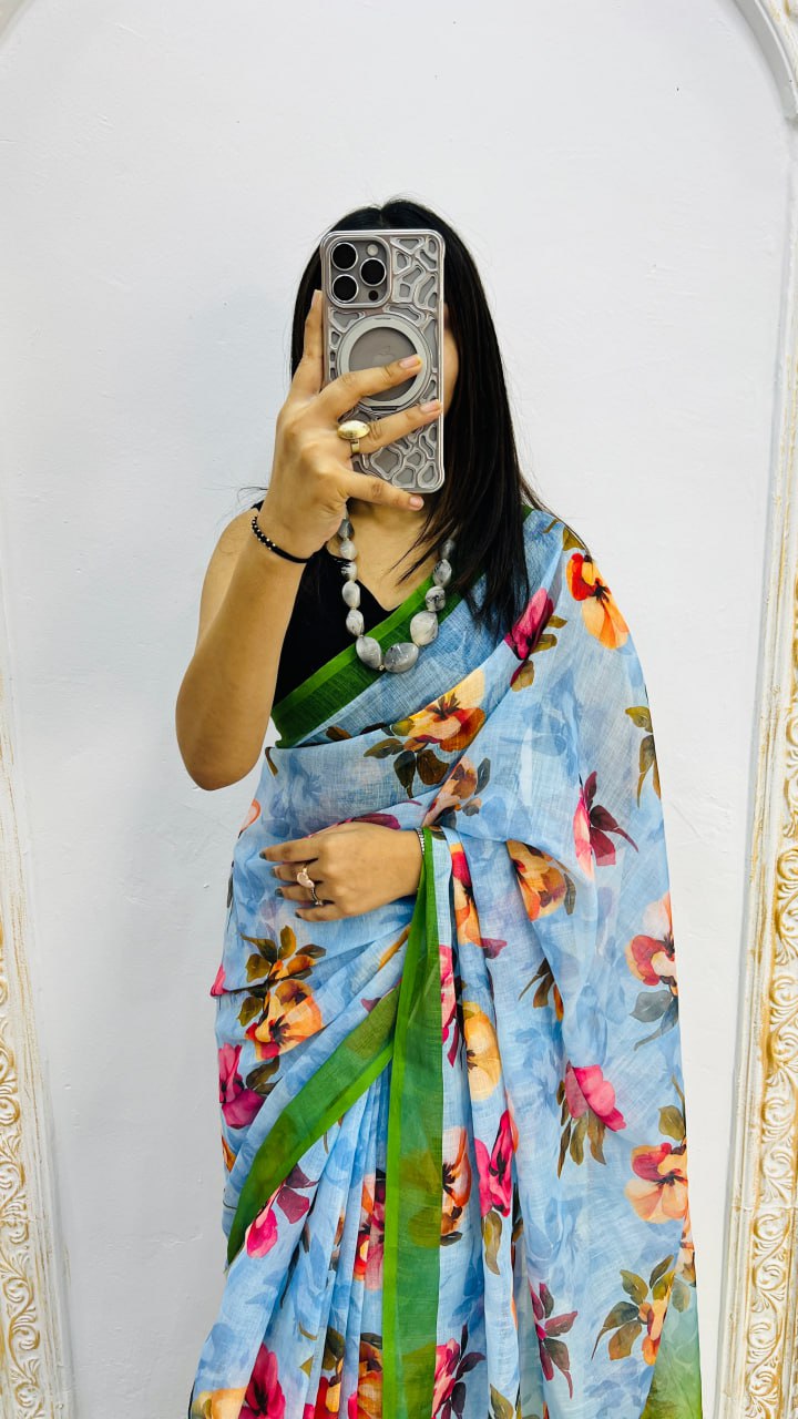 Sky Blue And Perrot Border Premium Lilan Cotton Saree