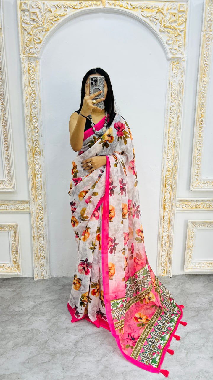White And Pink Border Premium Lilan Cotton Saree
