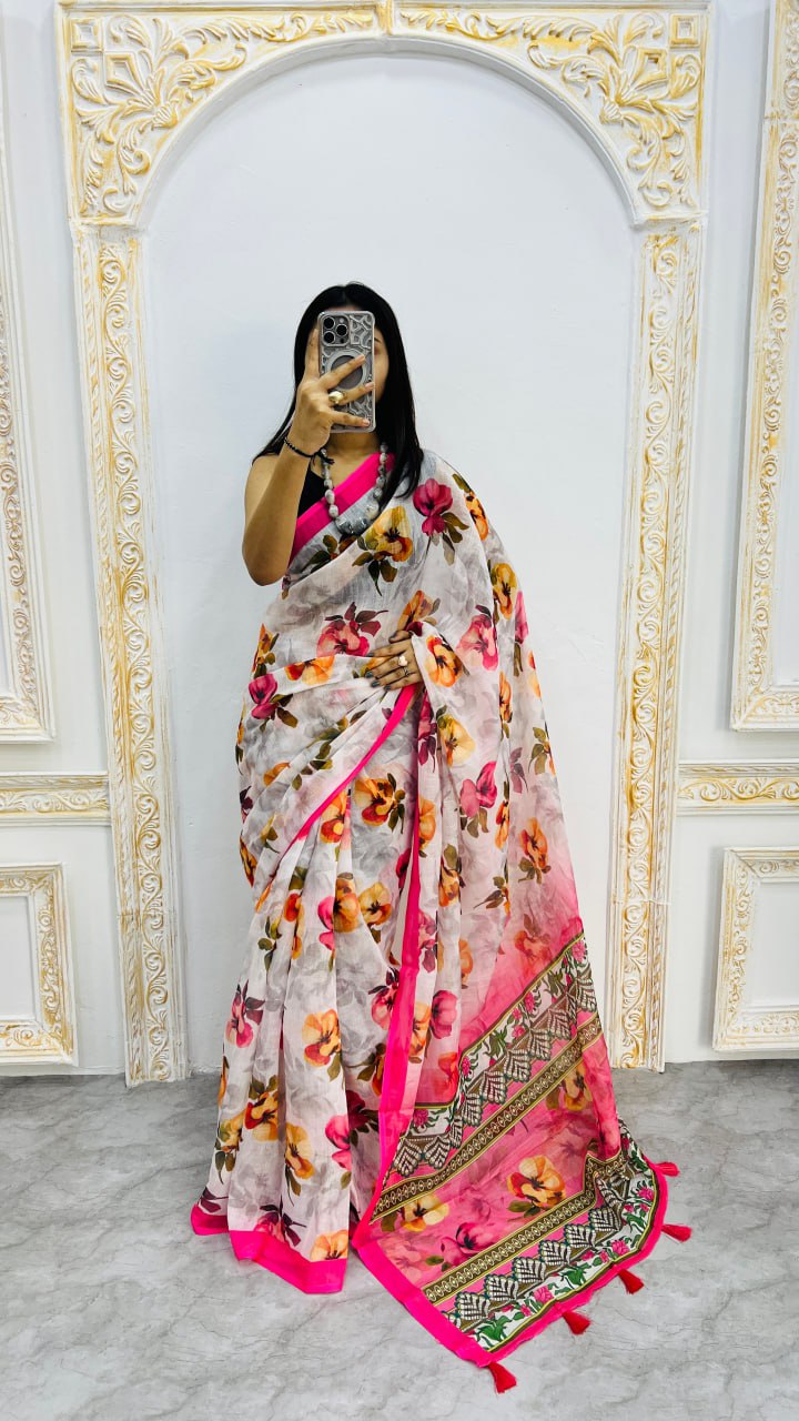 White And Pink Border Premium Lilan Cotton Saree