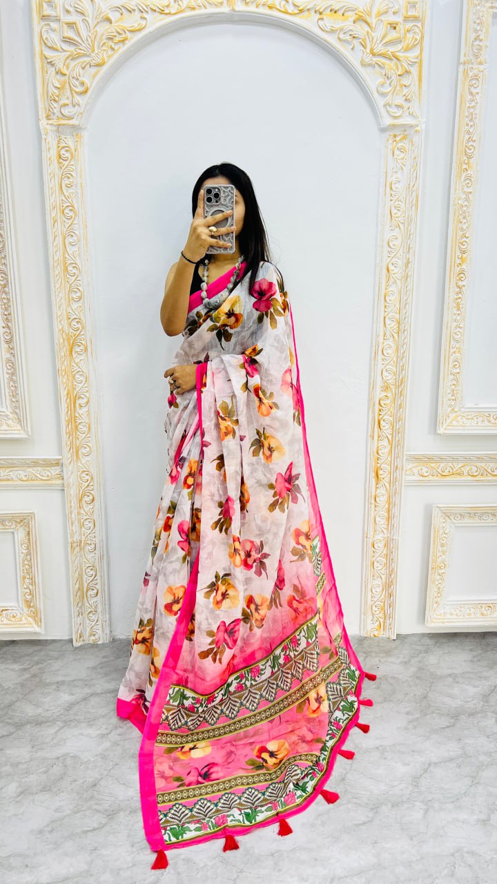 White And Pink Border Premium Lilan Cotton Saree