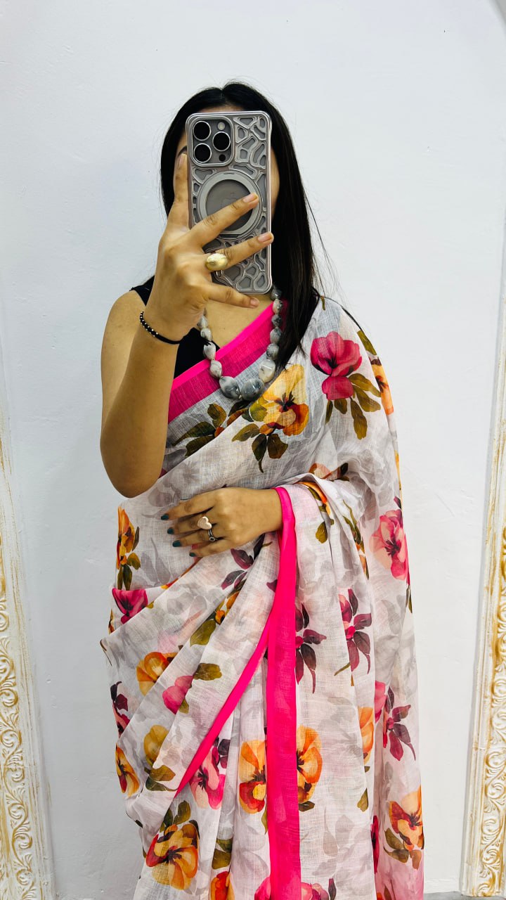 White And Pink Border Premium Lilan Cotton Saree