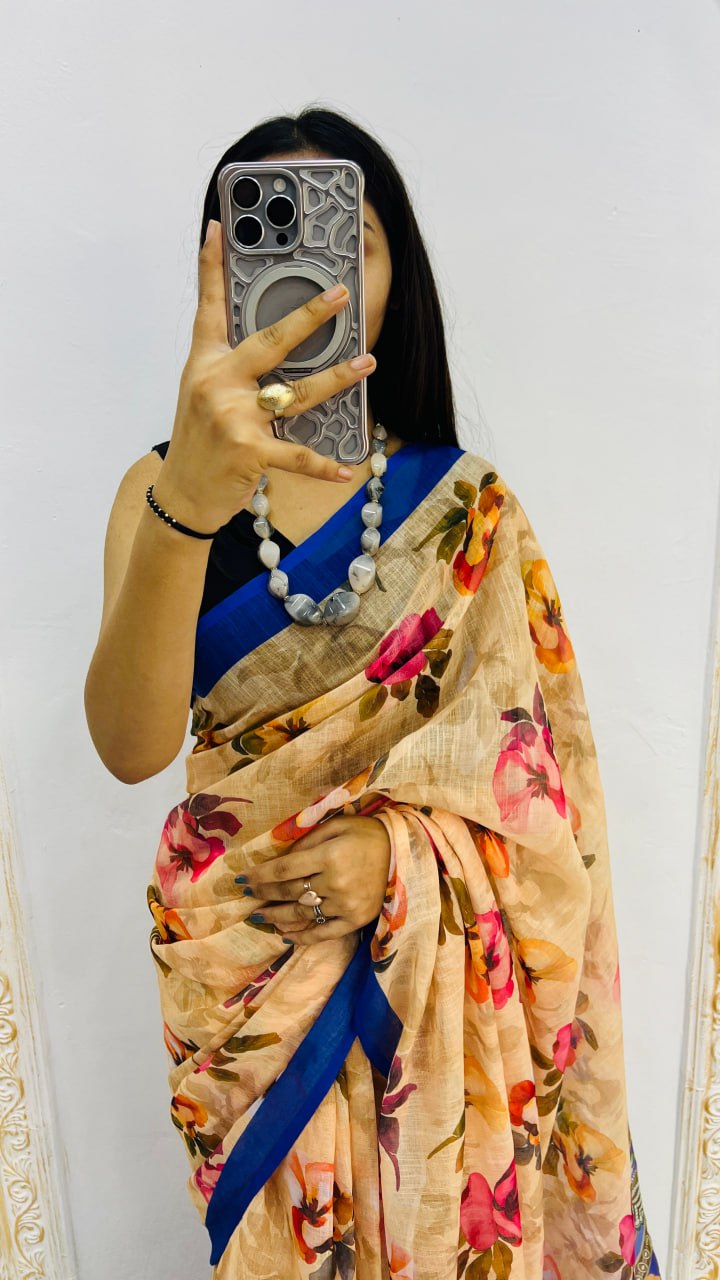 Cream And Blue Border Premium Lilan Cotton Saree