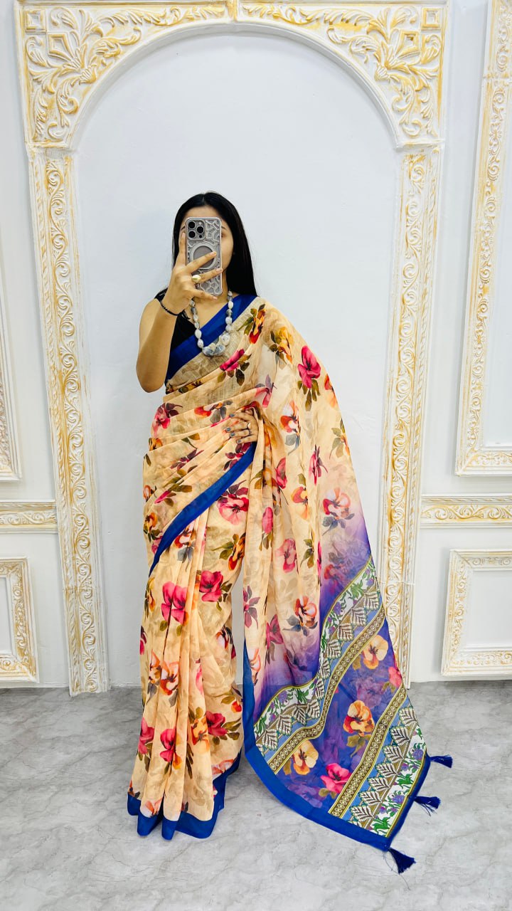 Cream And Blue Border Premium Lilan Cotton Saree