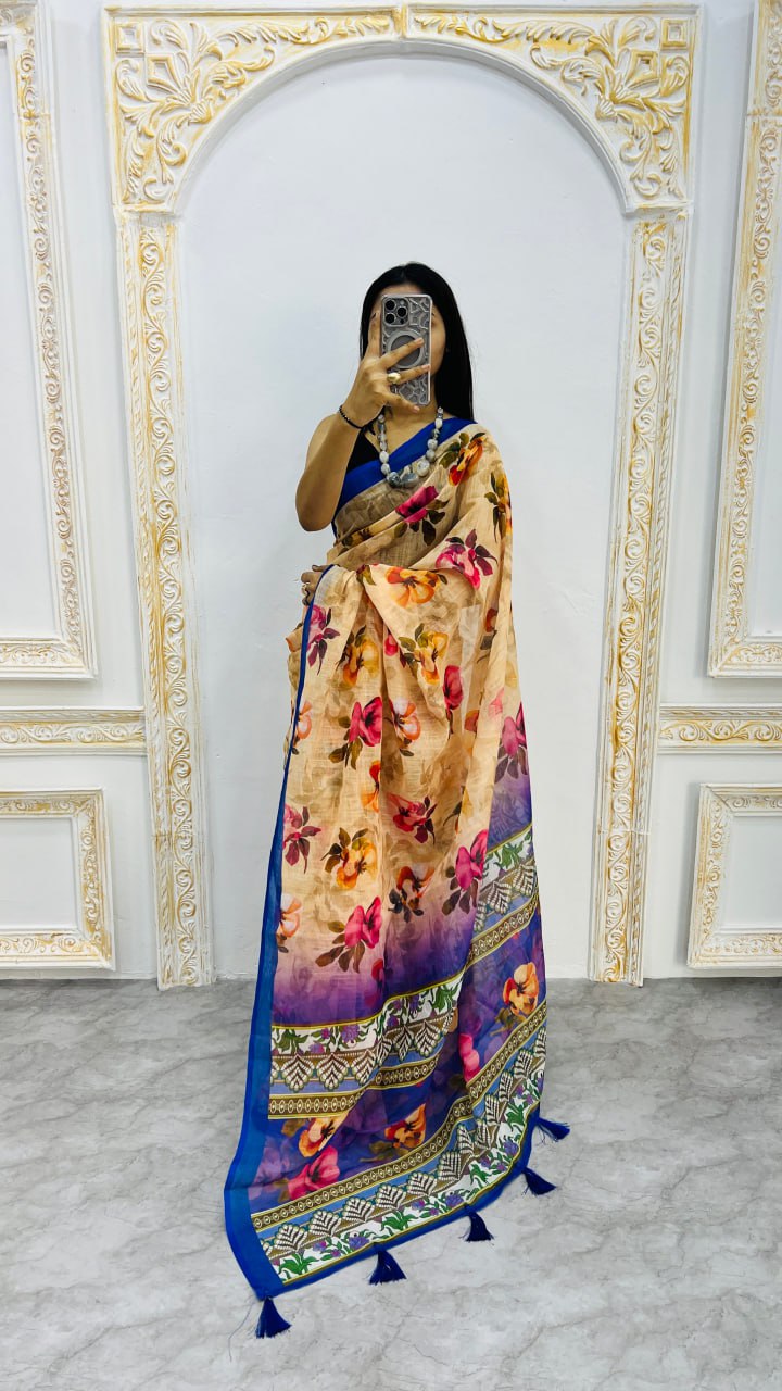 Cream And Blue Border Premium Lilan Cotton Saree