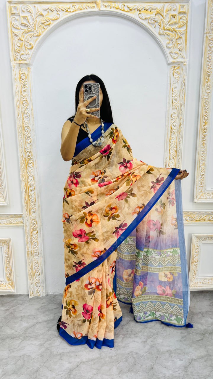 Cream And Blue Border Premium Lilan Cotton Saree