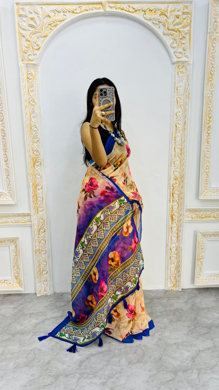 Cream And Blue Border Premium Lilan Cotton Saree