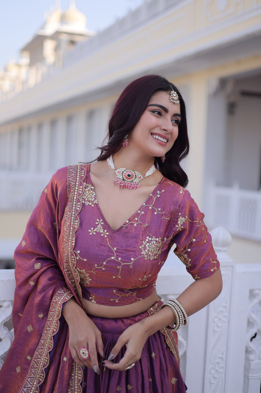 Berry Silk &nbsp;With Sequins Zari Embroidered Work Lehenga Choli