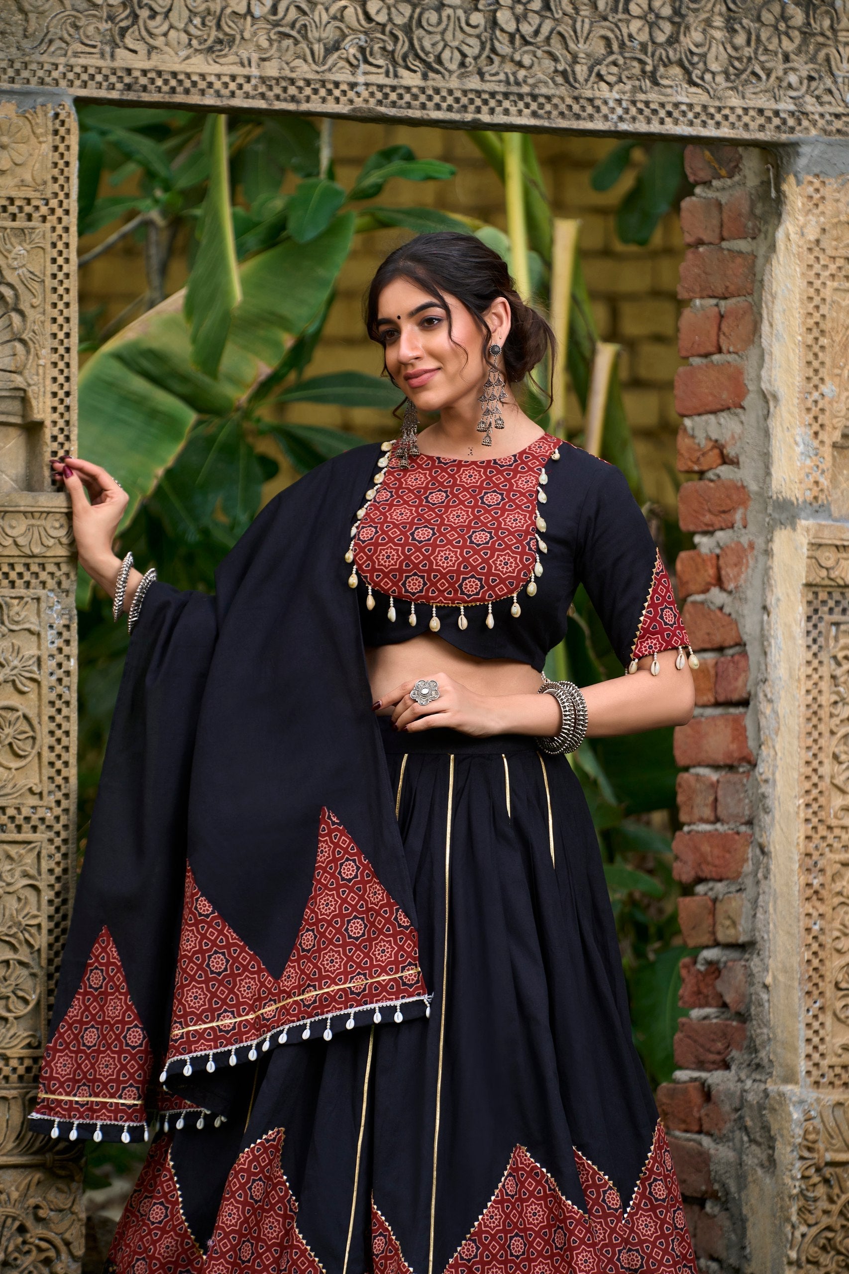 Black Pure Cotton Plain With Printed And Paper Mirror Work Navaratri Lehenga Choli