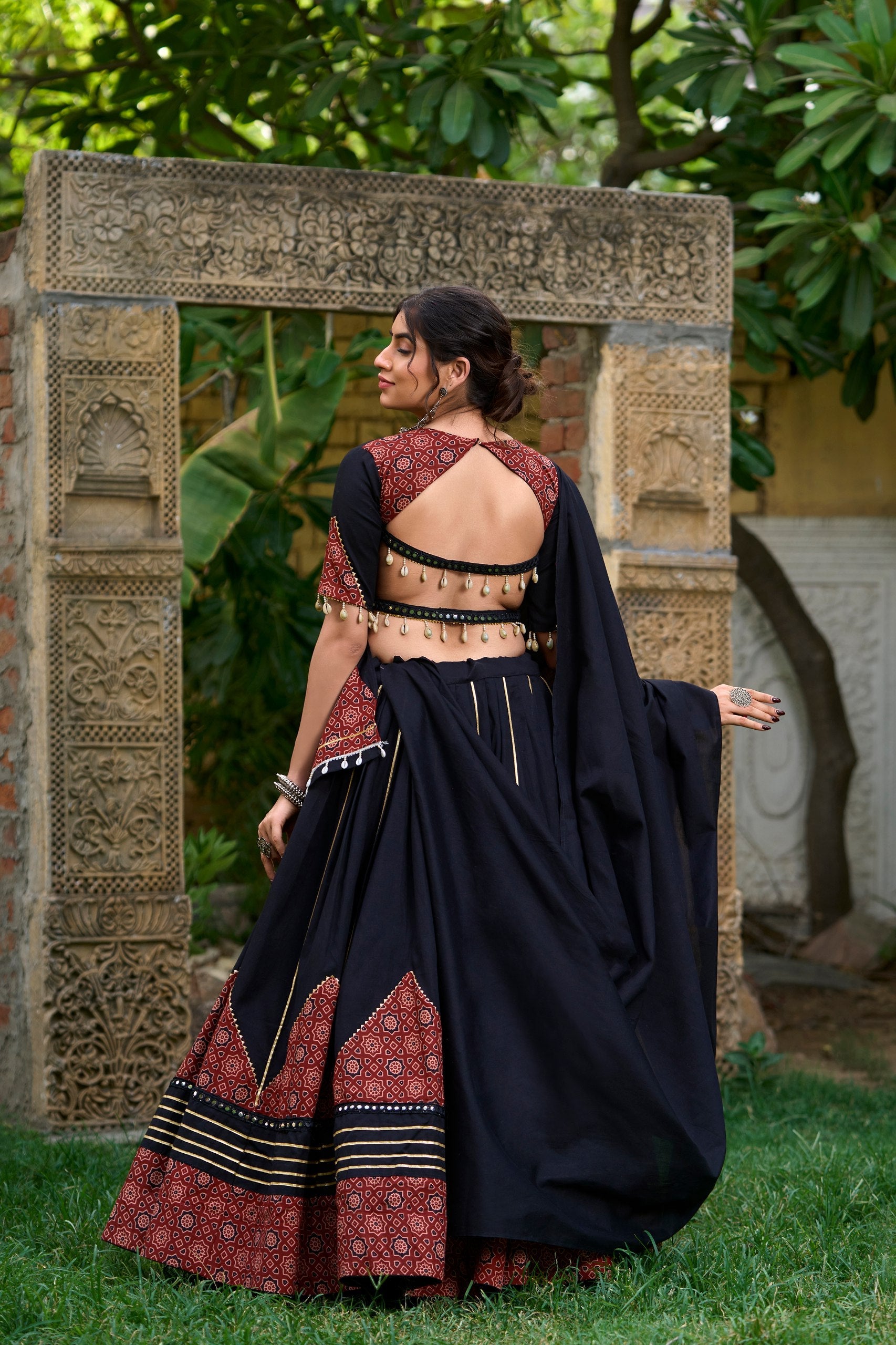Black Pure Cotton Plain With Printed And Paper Mirror Work Navaratri Lehenga Choli