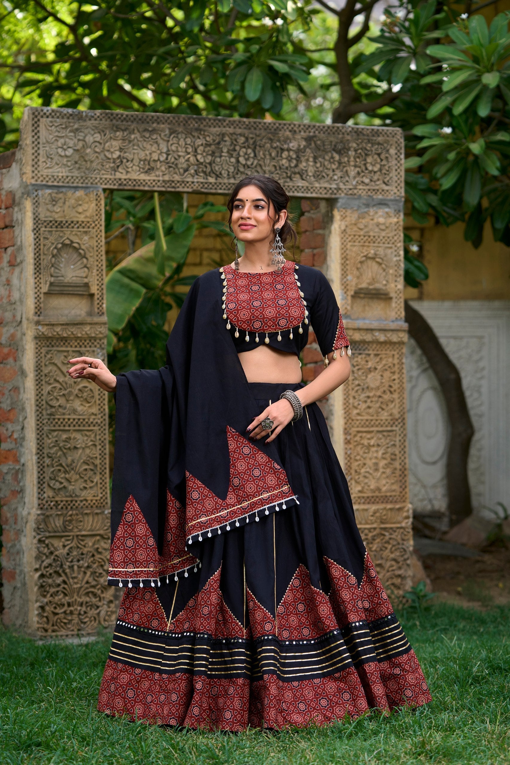 Black Pure Cotton Plain With Printed And Paper Mirror Work Navaratri Lehenga Choli