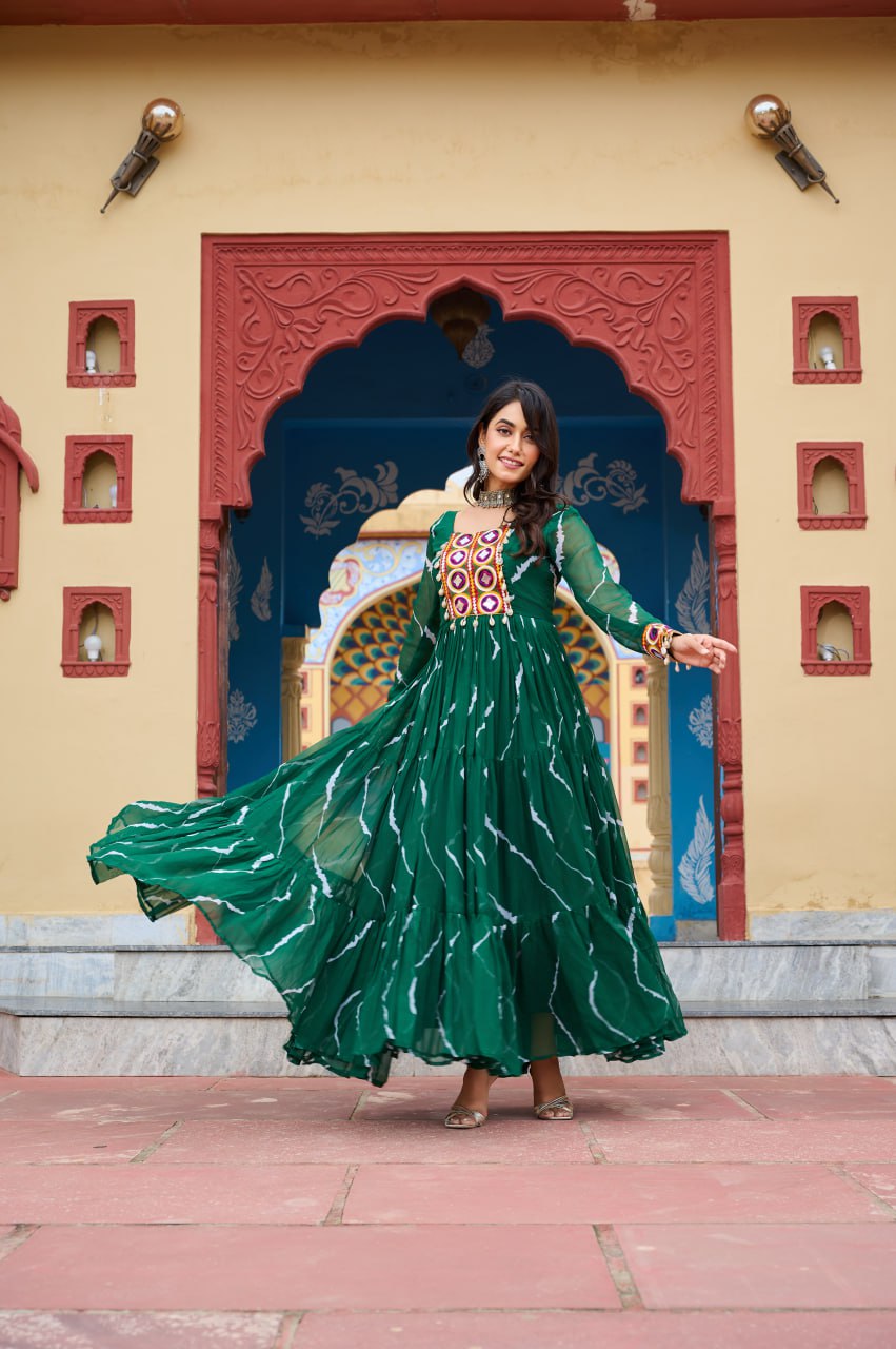 Green Laheriya Print With Kutchi Patchework Navratri Special Gown
