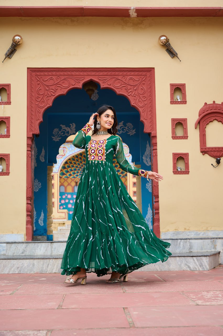 Green Laheriya Print With Kutchi Patchework Navratri Special Gown
