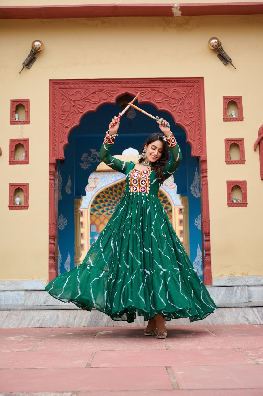 Green Laheriya Print With Kutchi Patchework Navratri Special Gown