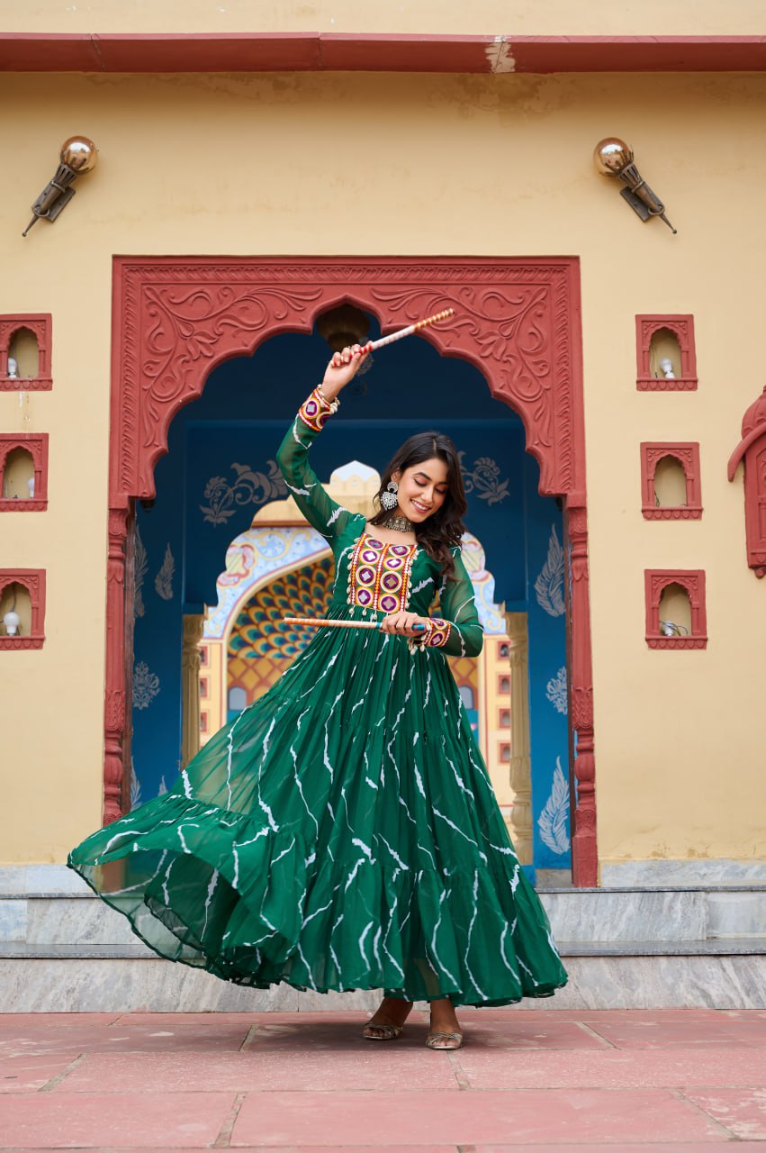 Green Laheriya Print With Kutchi Patchework Navratri Special Gown