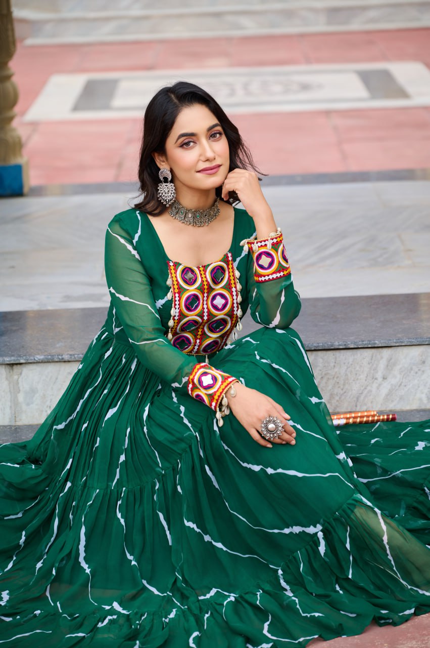 Green Laheriya Print With Kutchi Patchework Navratri Special Gown