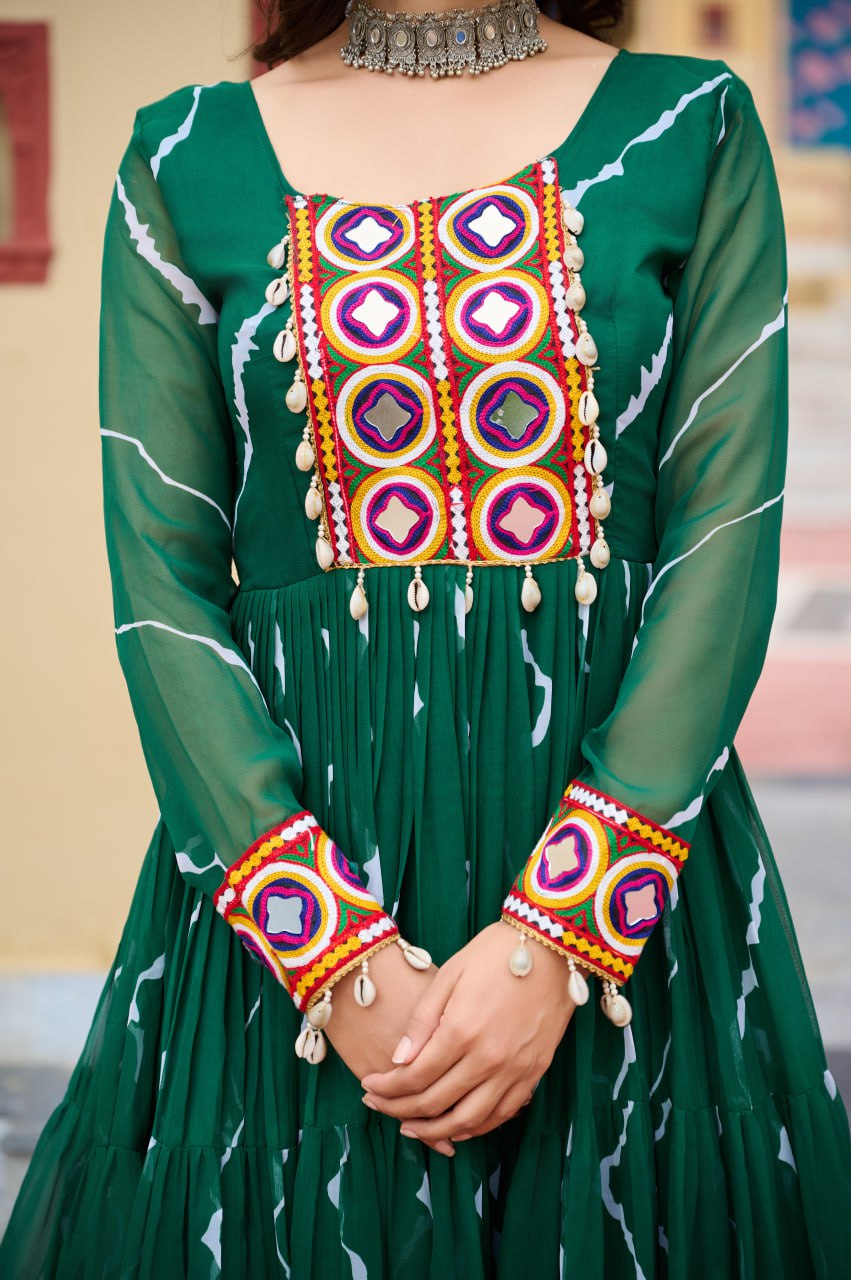 Green Laheriya Print With Kutchi Patchework Navratri Special Gown