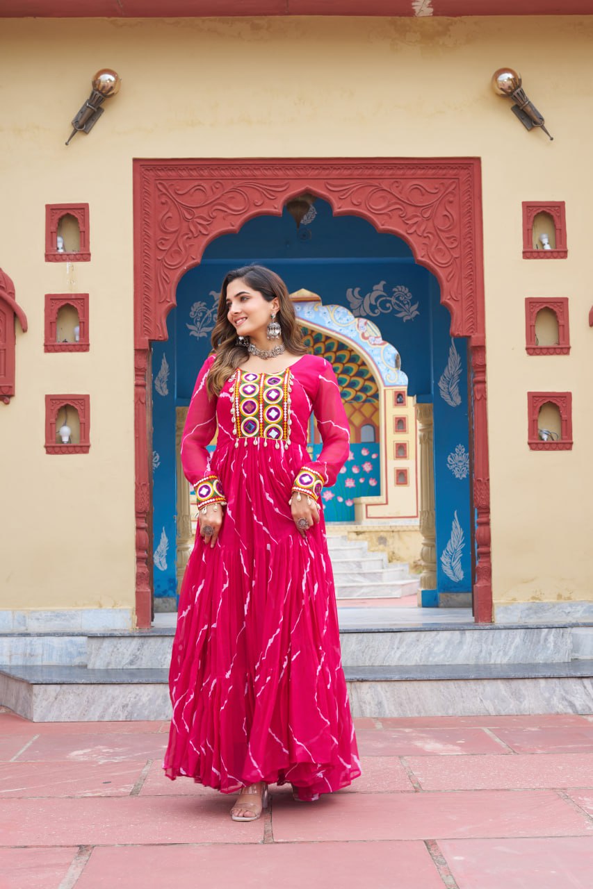 Pink Laheriya Print With Kutchi Patchework Navratri Special Gown