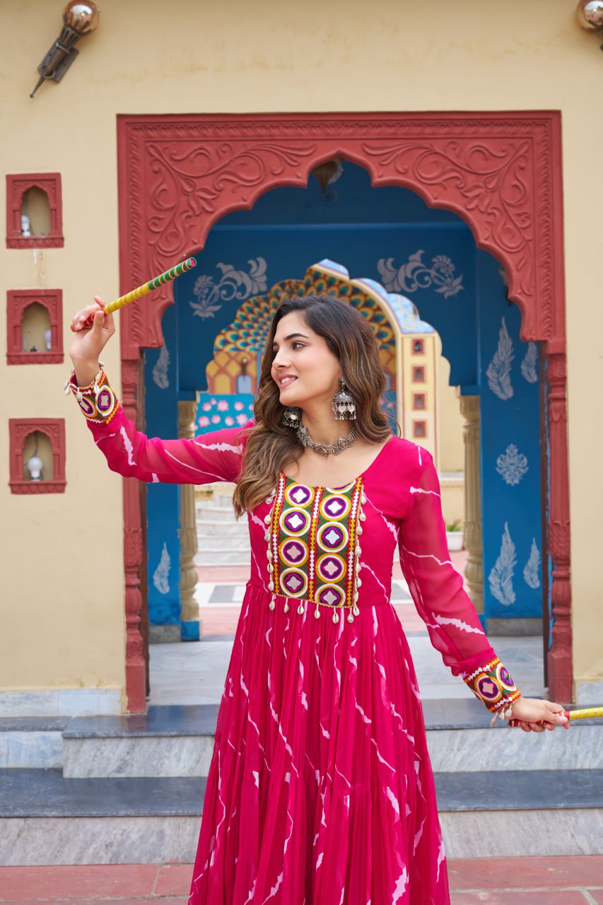 Pink Laheriya Print With Kutchi Patchework Navratri Special Gown