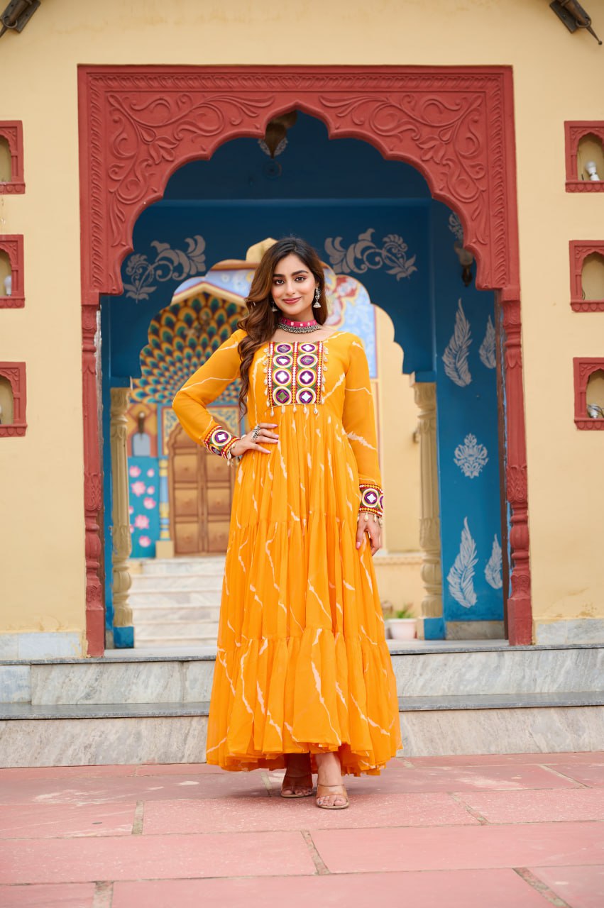 Musterd Laheriya Print With Kutchi Patchework Navratri Special Gown