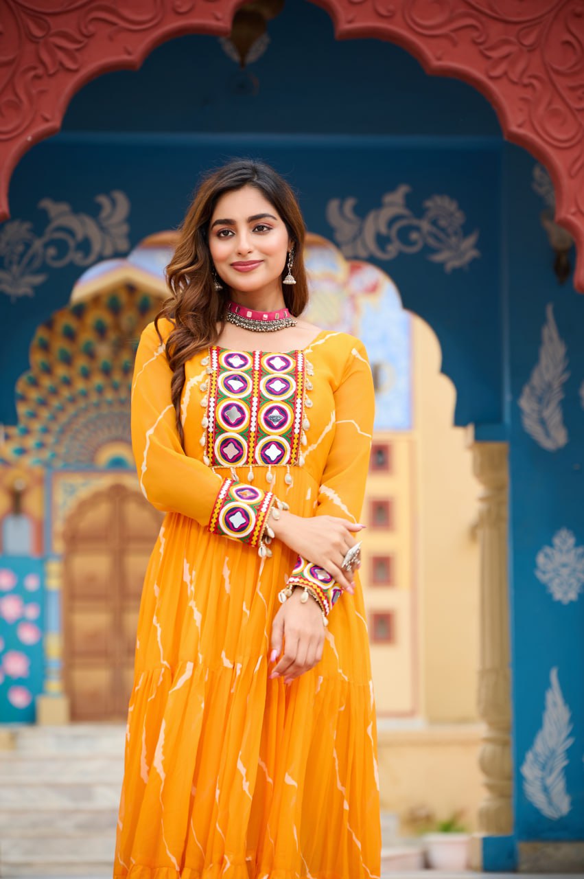 Musterd Laheriya Print With Kutchi Patchework Navratri Special Gown